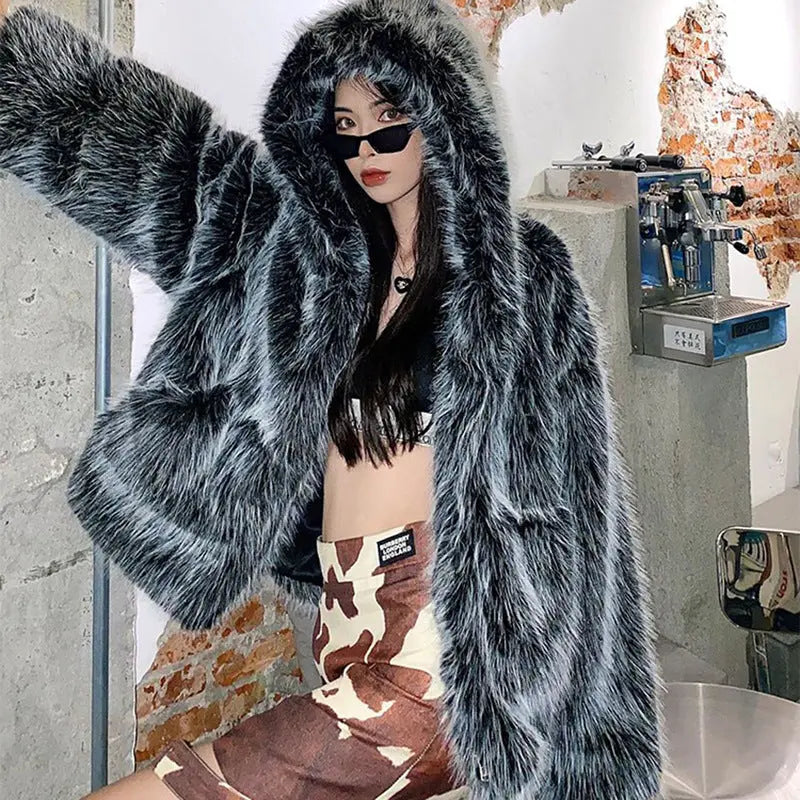Women Faux Fox Fur Fur Hooded Jacket Women Online Influencer Winter Loose Fur Warm Lamb Wool Coat Zimo