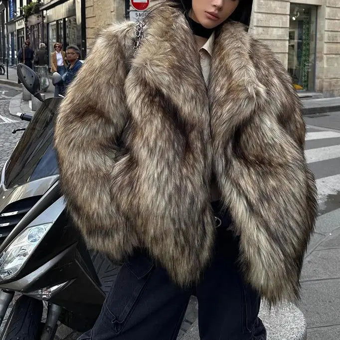 Women Fur Coat Raccoon Fur Coat Brown Collared Environmental Protection Fur Warm Furry Coat Casual Zimo