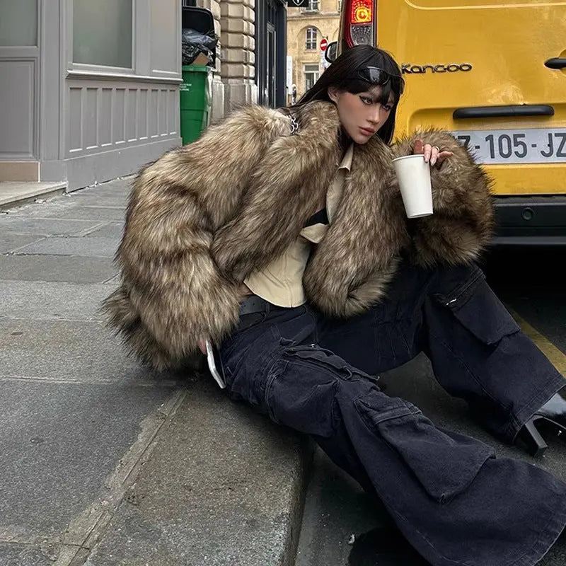 Women Fur Coat Raccoon Fur Coat Brown Collared Environmental Protection Fur Warm Furry Coat Casual Zimo