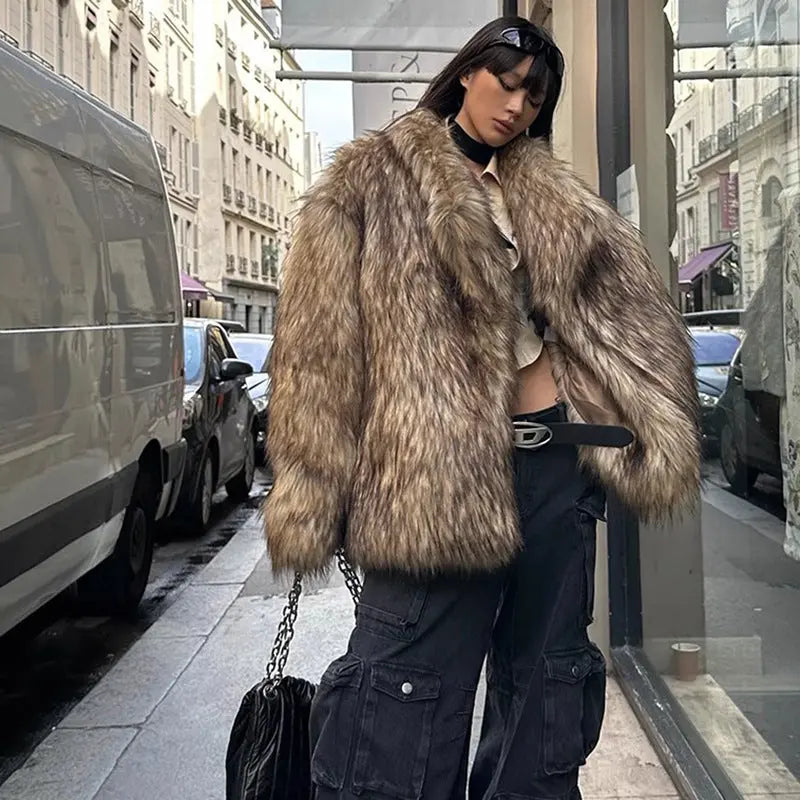 Women Fur Coat Raccoon Fur Coat Brown Collared Environmental Protection Fur Warm Furry Coat Casual Zimo