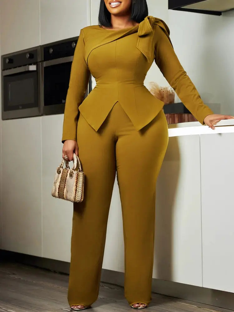 Women Two Pieces Set Butterfly Knot Slim Fit Slit Fashionable Cut Top and High Waisted Pants Set Autumn Winter Office Ladies New FZwear