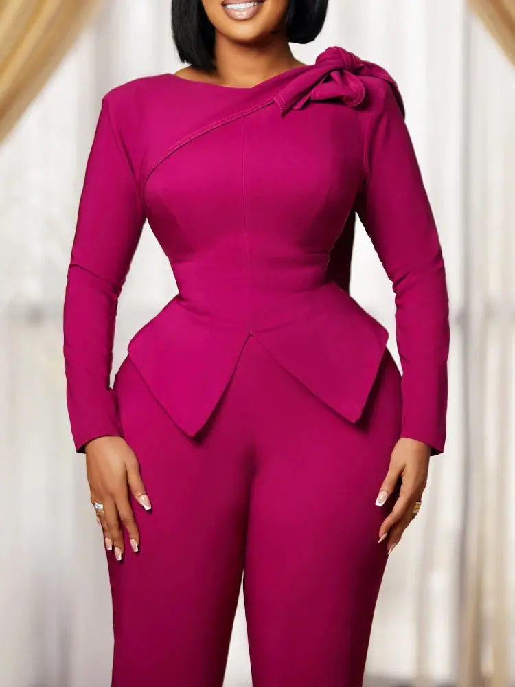 Women Two Pieces Set Butterfly Knot Slim Fit Slit Fashionable Cut Top and High Waisted Pants Set Autumn Winter Office Ladies New FZwear