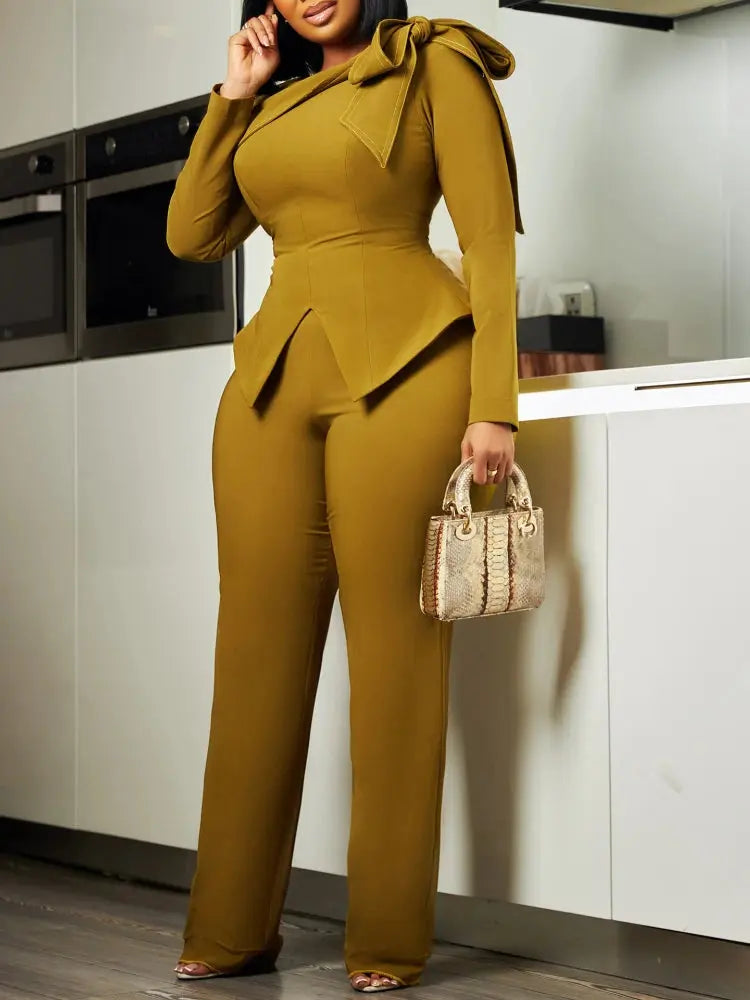 Women Two Pieces Set Butterfly Knot Slim Fit Slit Fashionable Cut Top and High Waisted Pants Set Autumn Winter Office Ladies New FZwear