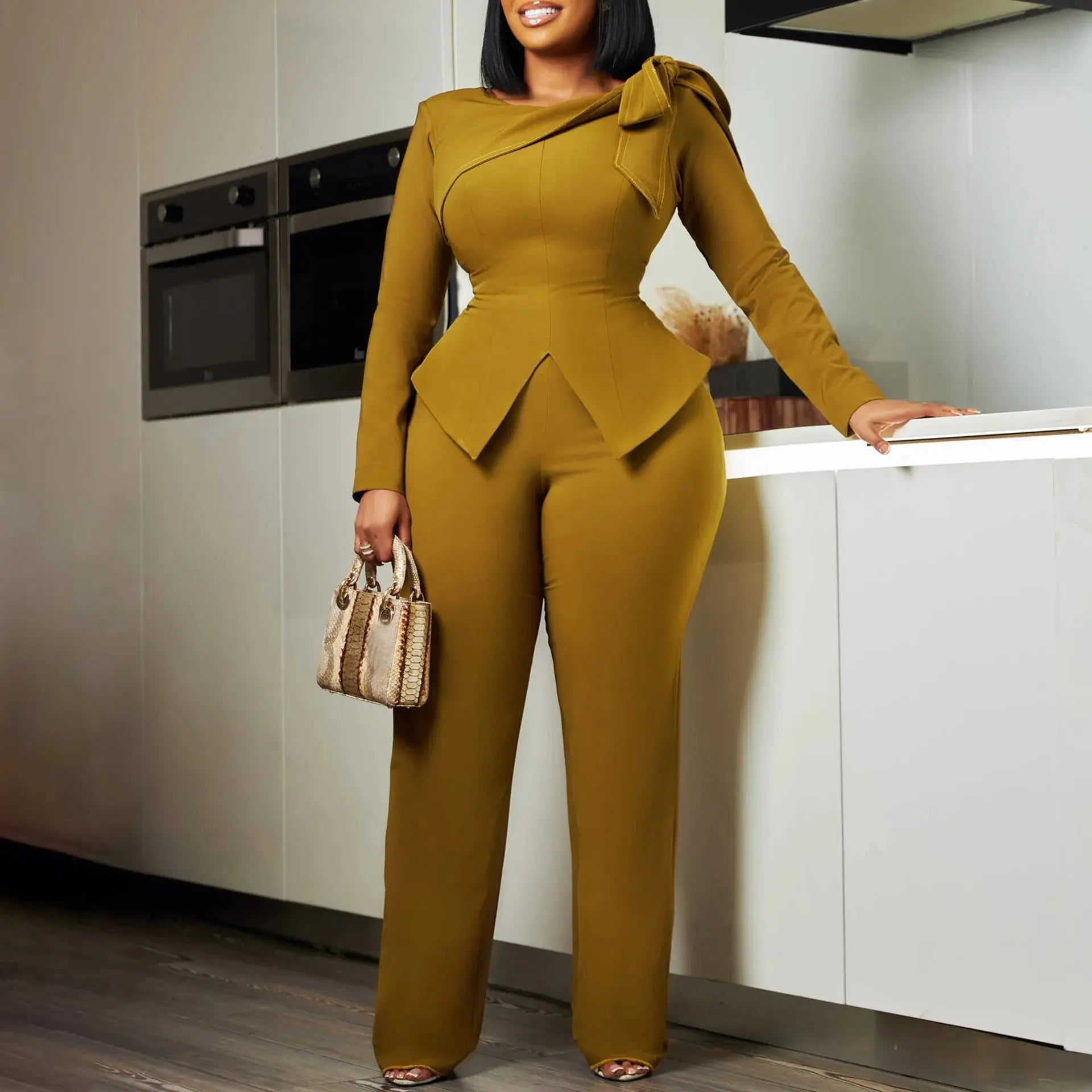 Women Two Pieces Set Butterfly Knot Slim Fit Slit Fashionable Cut Top and High Waisted Pants Set Autumn Winter Office Ladies New FZwear