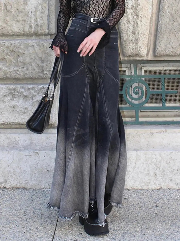 Women's A-line Denim Skirt Vintage 90s Aesthetic Y2k Long Cowboy Skirt Harajuku Korean Emo Jean Skirt 2000s Clothes Summer 2024 FZwear