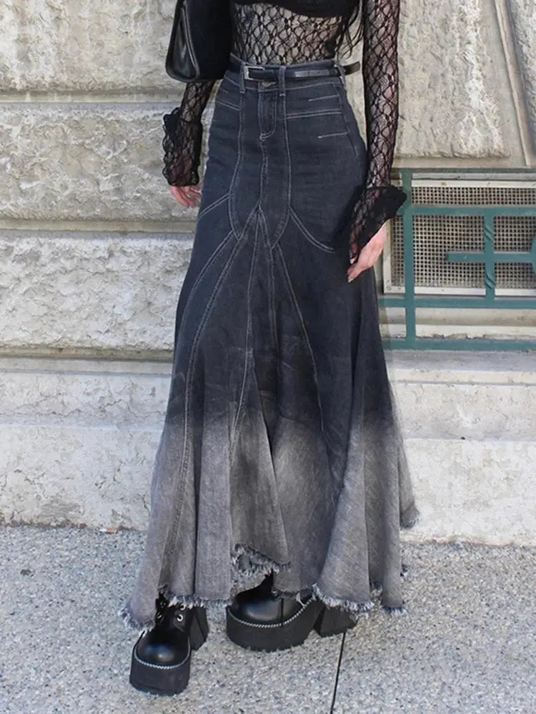 Women's A-line Denim Skirt Vintage 90s Aesthetic Y2k Long Cowboy Skirt Harajuku Korean Emo Jean Skirt 2000s Clothes Summer 2024 FZwear