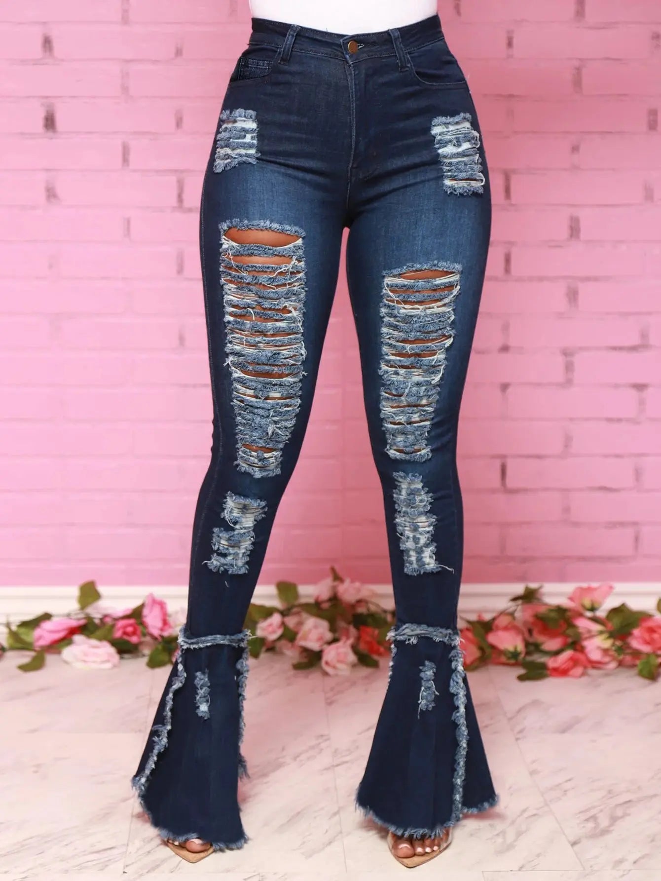 Women's High-Waisted Distressed Ripped Vintage Flare Leg Jeans, Retro Style, Bell Bottom Denim Pants suit for autumn FZwear