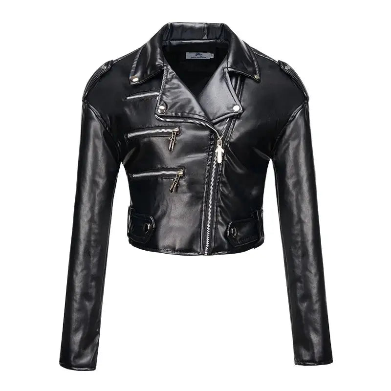 Women's Leather Jacket Slim-fitting Short Cotton Long-sleeved Lapel Oblique Zipper Leather Jacket Pu Women's Motorcycle Suit FZwear