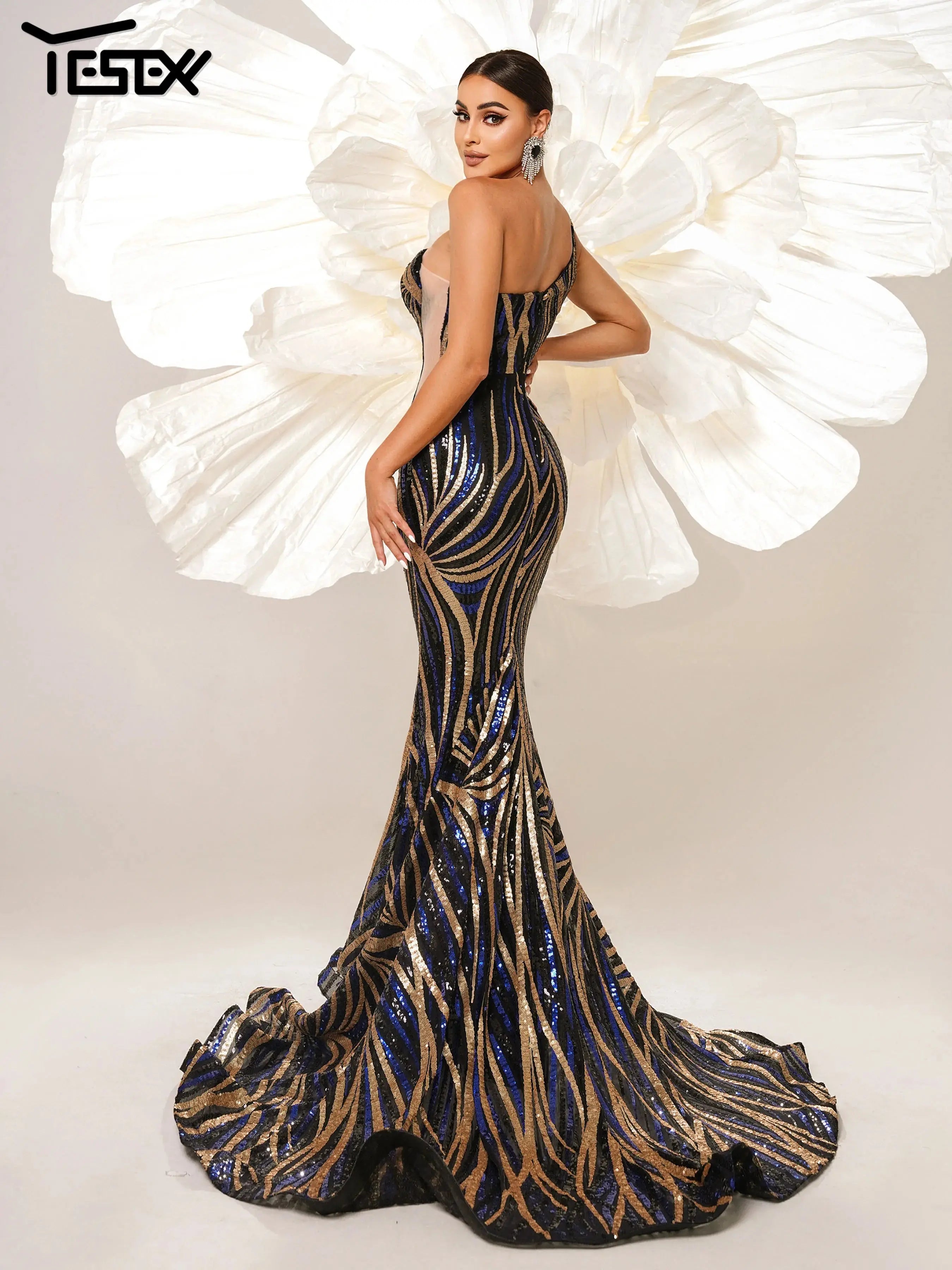 Yesexy 2024 New Blue One Shoulder Sequin Mermaid Evening Gown Formal Occasion Cocktail Floor Length High Quality Luxury Dress FZwear