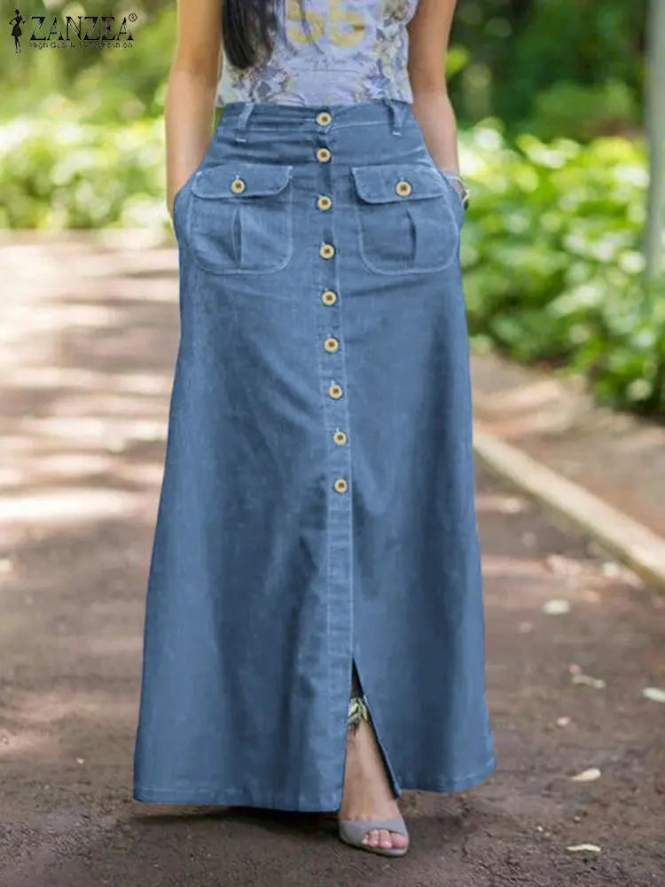 ZANZEA Women Denim Blue Maxi Skirt Vintage Skirts 2024 Summer Casual Solid Holiday Bottoms Lady A-line Button Up Skirt Oversized FZwear