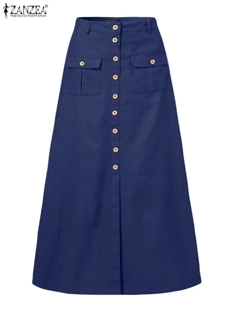 ZANZEA Women Denim Blue Maxi Skirt Vintage Skirts 2024 Summer Casual Solid Holiday Bottoms Lady A-line Button Up Skirt Oversized FZwear