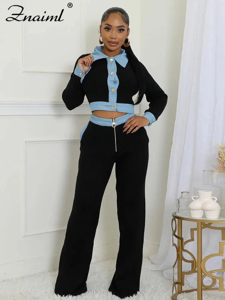 Znaiml Black Rib Knit 2 Piece Women Sets Elegant Lapel Buttons Long Sleeves Crop Top and Wide Leg Pants Suits Birthday Outfits FZwear