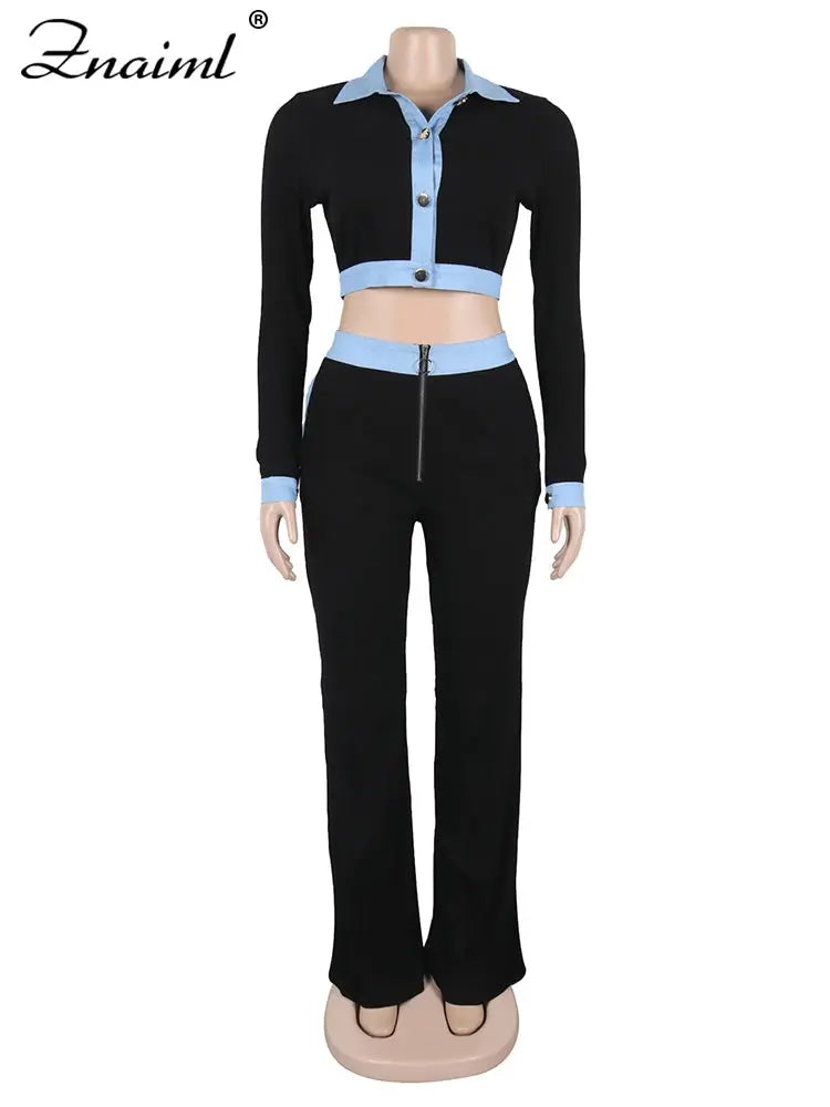 Znaiml Black Rib Knit 2 Piece Women Sets Elegant Lapel Buttons Long Sleeves Crop Top and Wide Leg Pants Suits Birthday Outfits FZwear