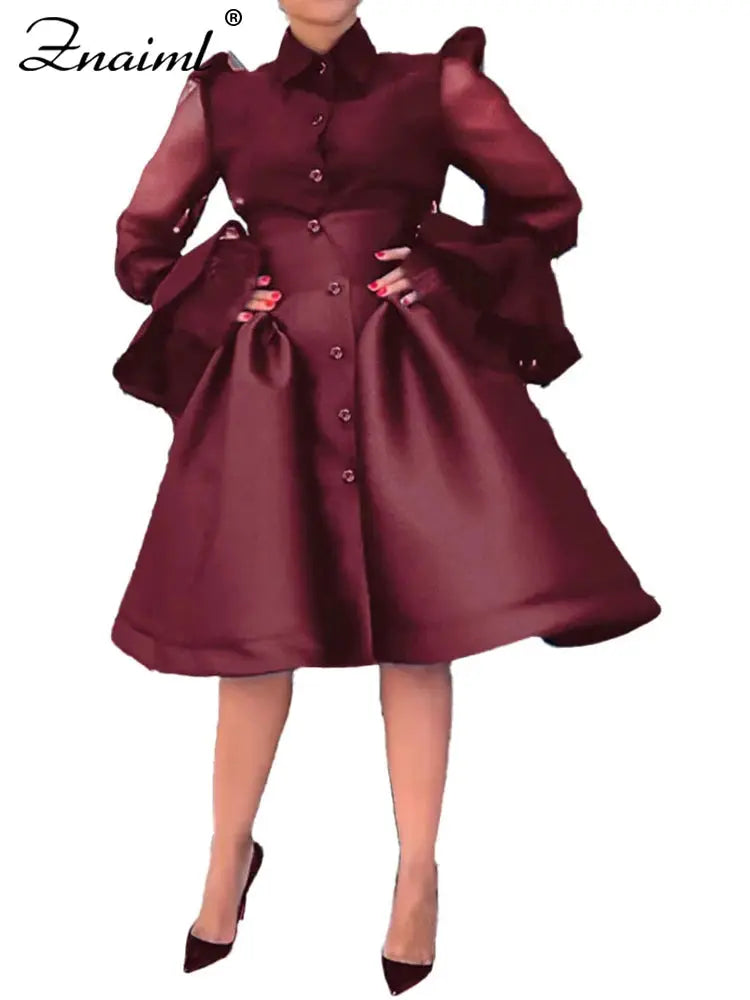 Znaiml Elegant Fall Winter Flare Sleeeve Shirt Top and High Waist A-line Midi Skirts Two 2 Piece Set Women Evening Birthday Suit FZwear