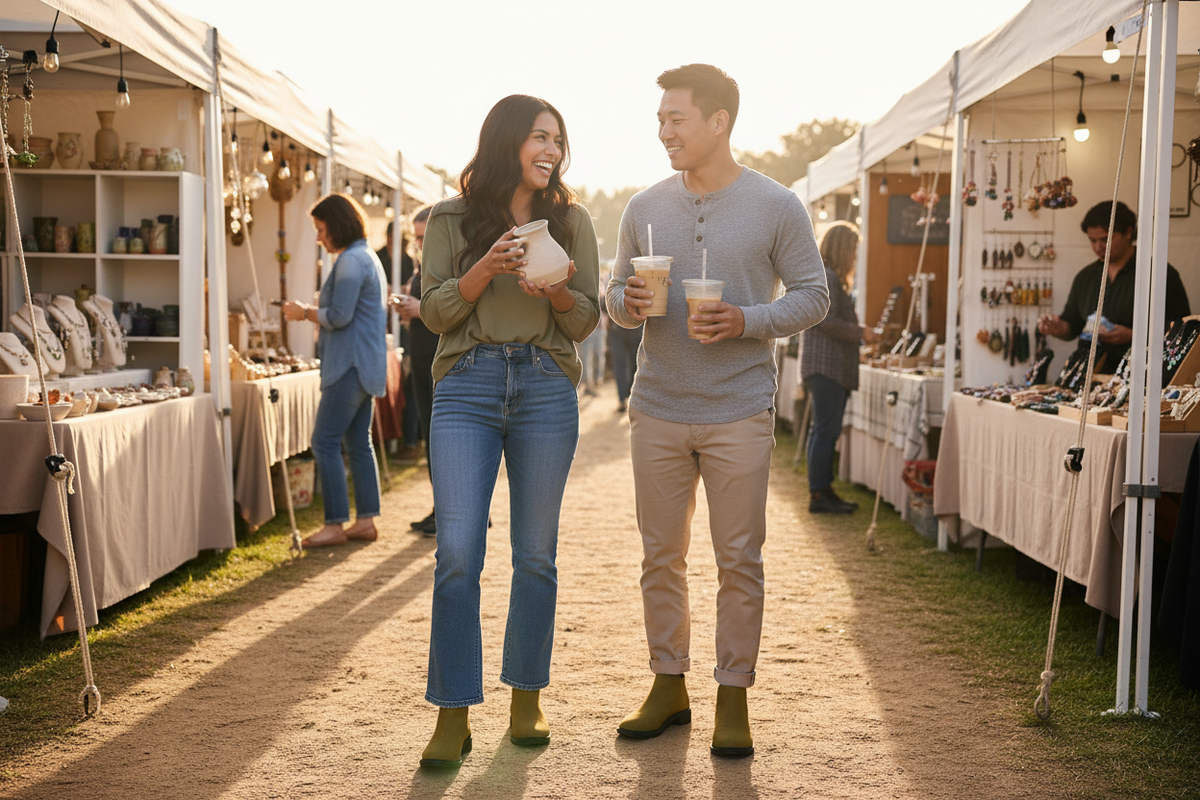 A woman and a man at a craft fair wearing olive slip-on ankle boots, the woman in bootcut jeans