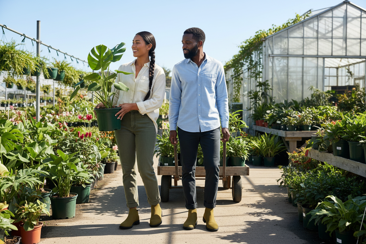 A woman and a man at a plant nursery wearing olive slip-on ankle boots, the woman in bootcut jeans