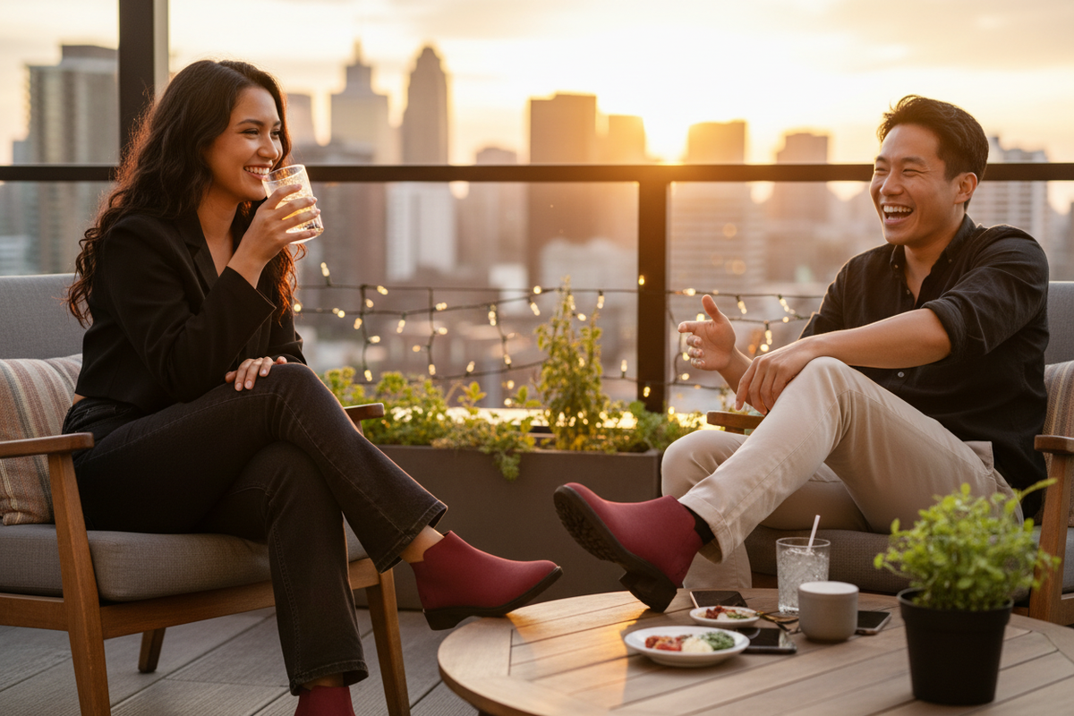 A woman and a man at a rooftop bar wearing dark red slip-on ankle boots, the woman in bootcut jeans