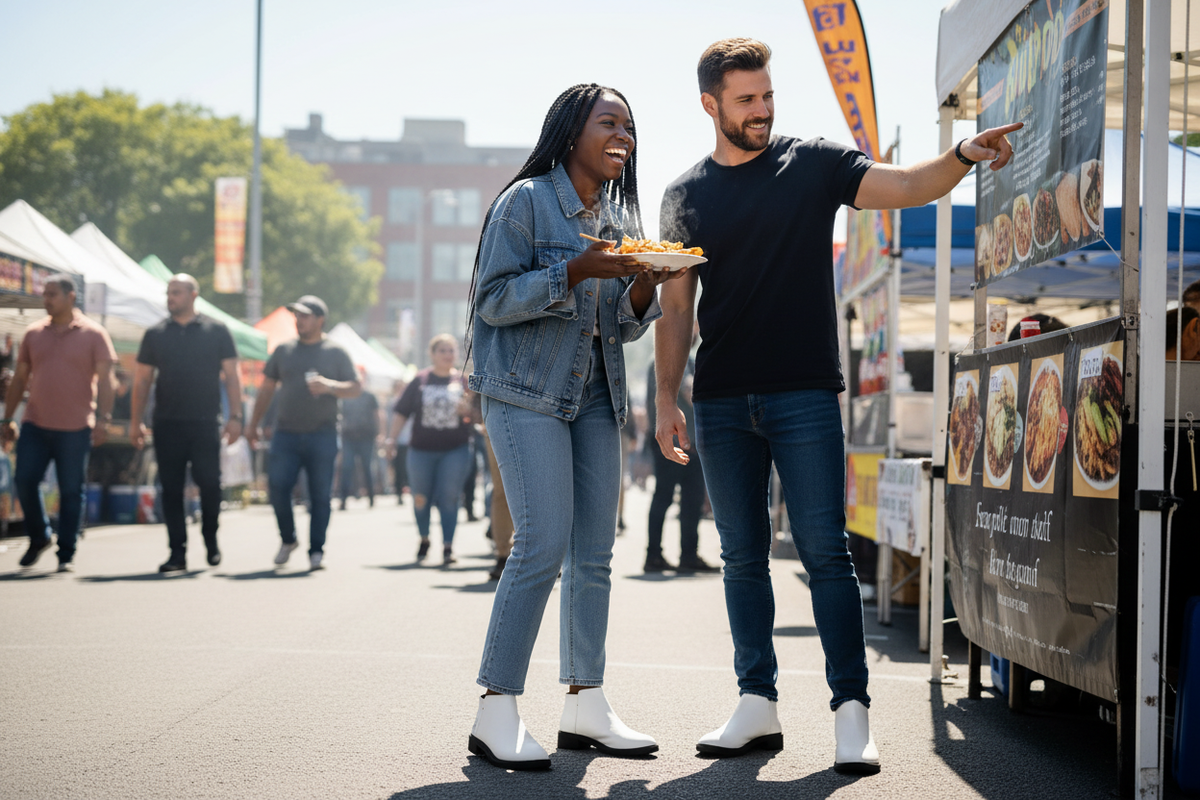 A woman and a man at a street food festival wearing white slip-on ankle boots, the woman in bootcut jeans