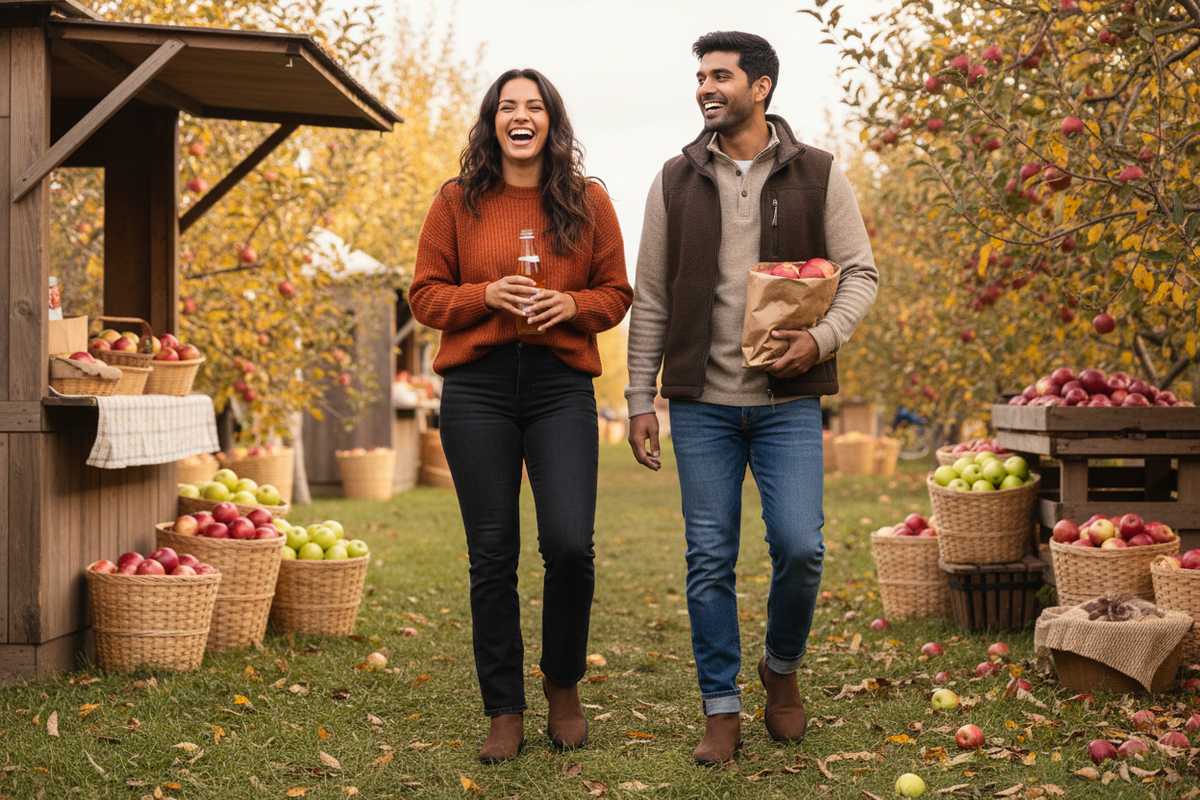 A woman and a man at an orchard market wearing brown suede slip-on ankle boots, the woman in bootcut jeans