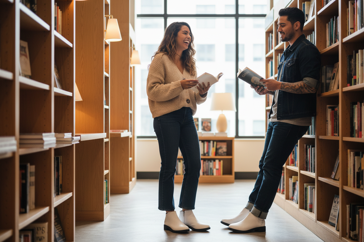 A woman and a man in a bookstore wearing white slip-on ankle boots, the woman in bootcut jeans