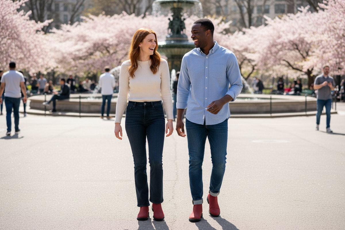 A woman and a man in a spring park wearing dark red slip-on ankle boots, the woman in bootcut jeans