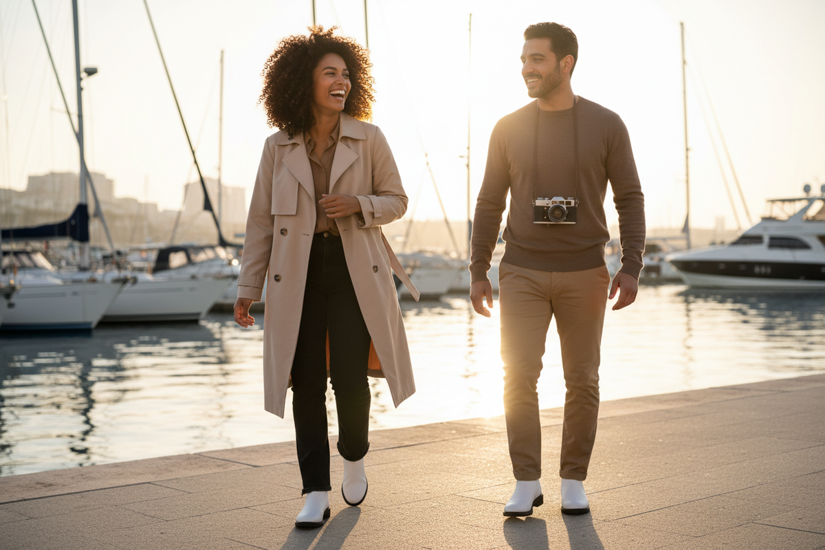 A woman and a man on a waterfront promenade wearing white slip-on ankle boots, the woman in bootcut jeans