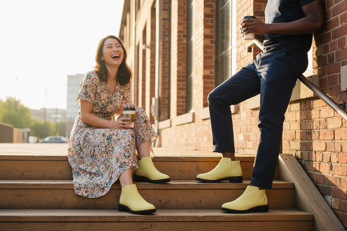 A woman and a man on warehouse steps wearing pale yellow slip-on ankle boots