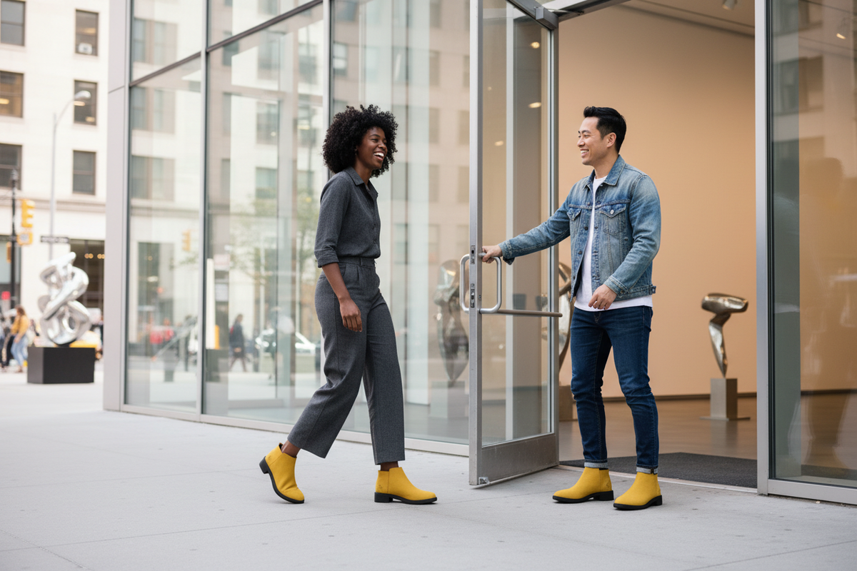 A woman and a man outside an art gallery wearing mustard yellow slip-on ankle boots