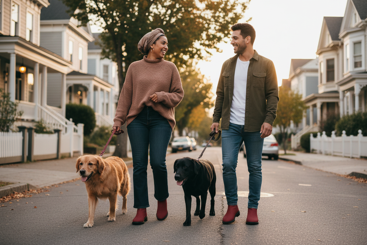 A woman and a man walking dogs on a residential street wearing dark red slip-on ankle boots, the woman in bootcut jeans