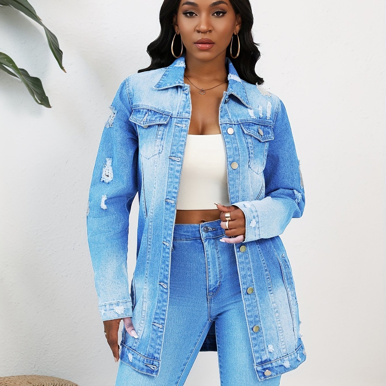 FZ Women's Solid Ripped Turn-down Collar Loose Casual Denim Jacket