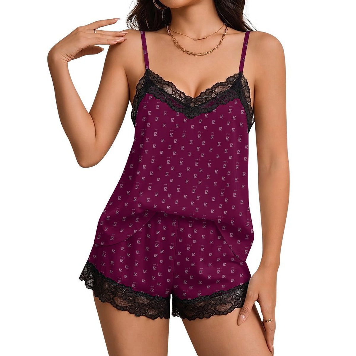 Custom Women Lace V Neck Spaghetti Strap Camisole Shorts Pajama Set