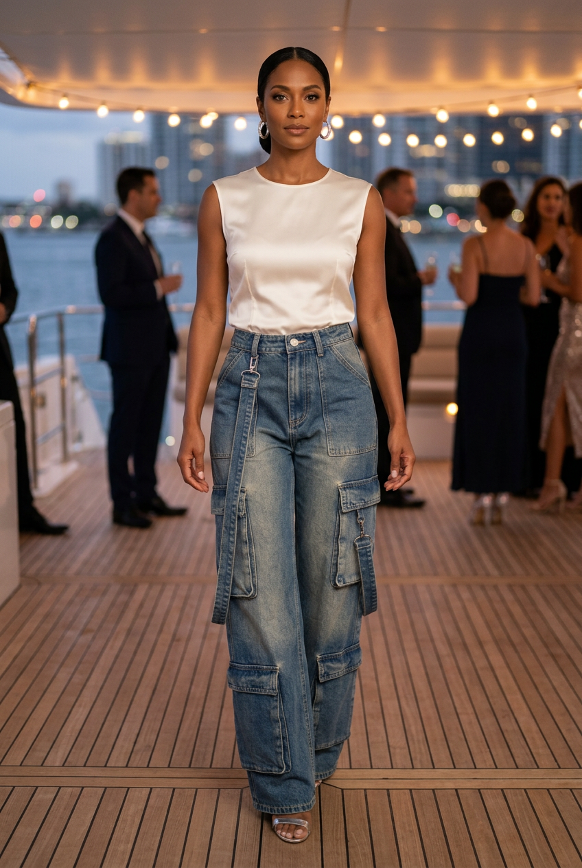 Afro-Latina model walking across a yacht-party deck in cargo jeans and silver heels