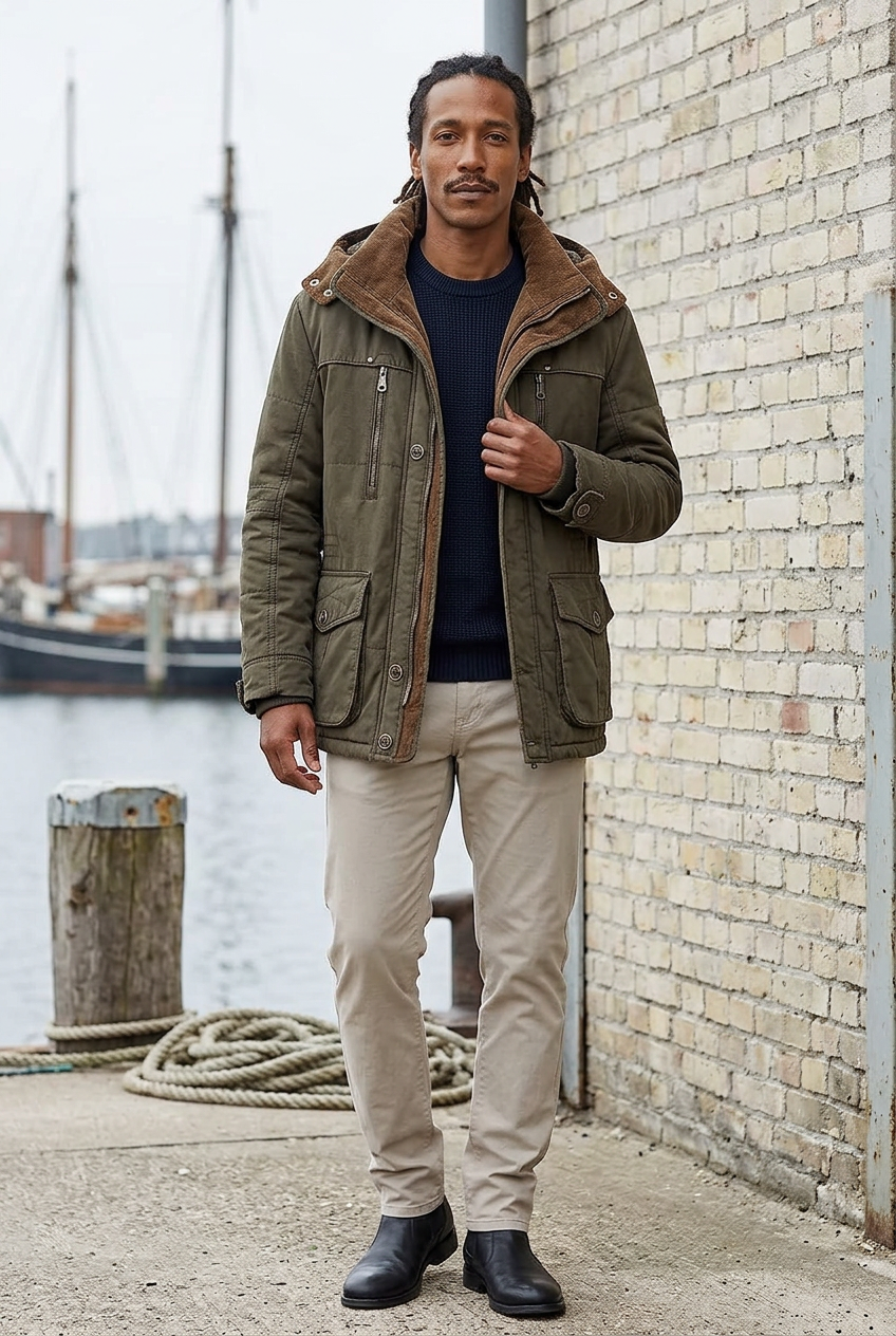 Afro-Latino model adjusting his collar beside a harbor warehouse
