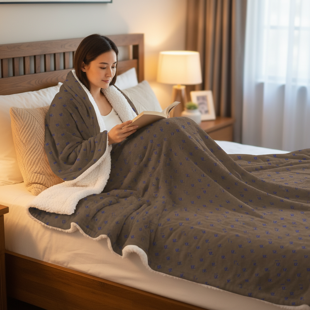 Asian female model FZ monogram brown blanket indoor bedroom