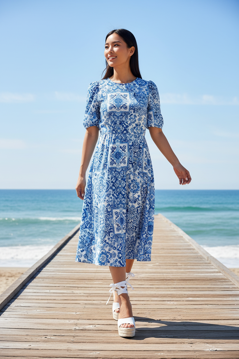 Asian woman wearing white wedge sandals on beach boardwalk