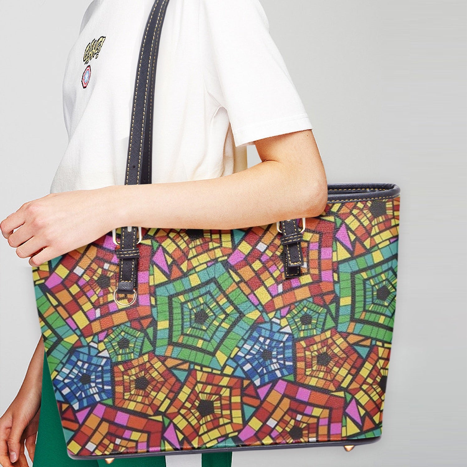 FZ African Print Large Leather Tote Bag JetPrint