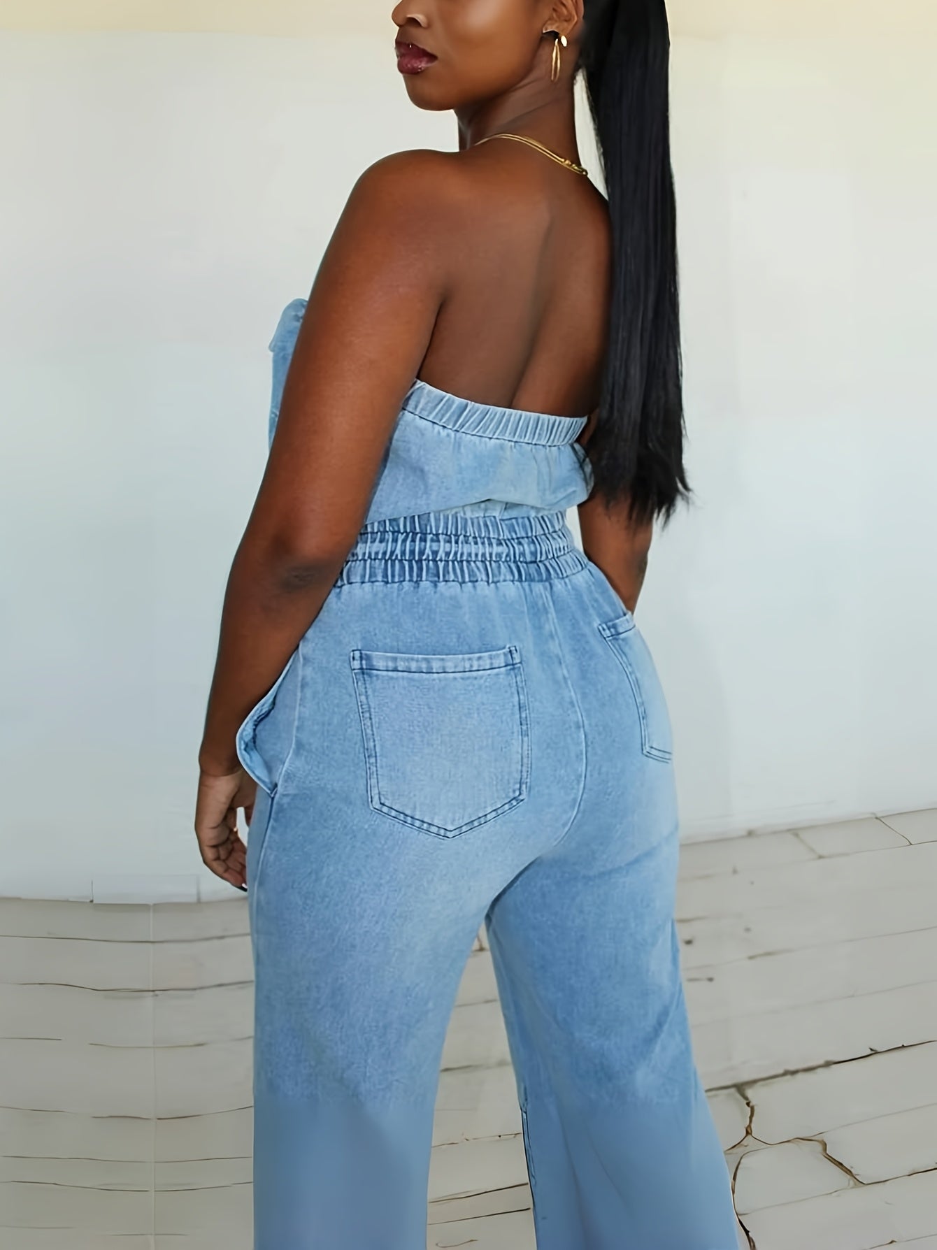 FZ Women's Y2K Strapless Wide-Leg Retro Streetwear Denim Jumpsuit