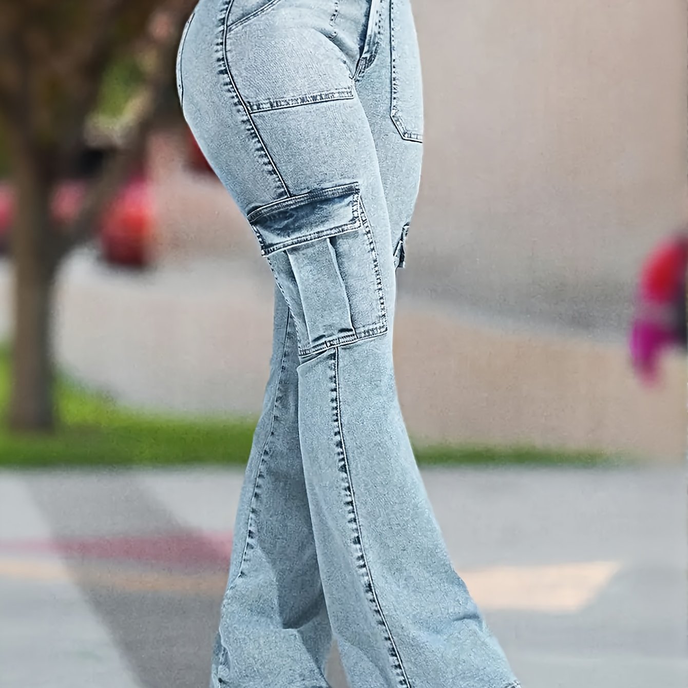 FZ Women'S Multi Pocket Bell Bottom Denim Pants