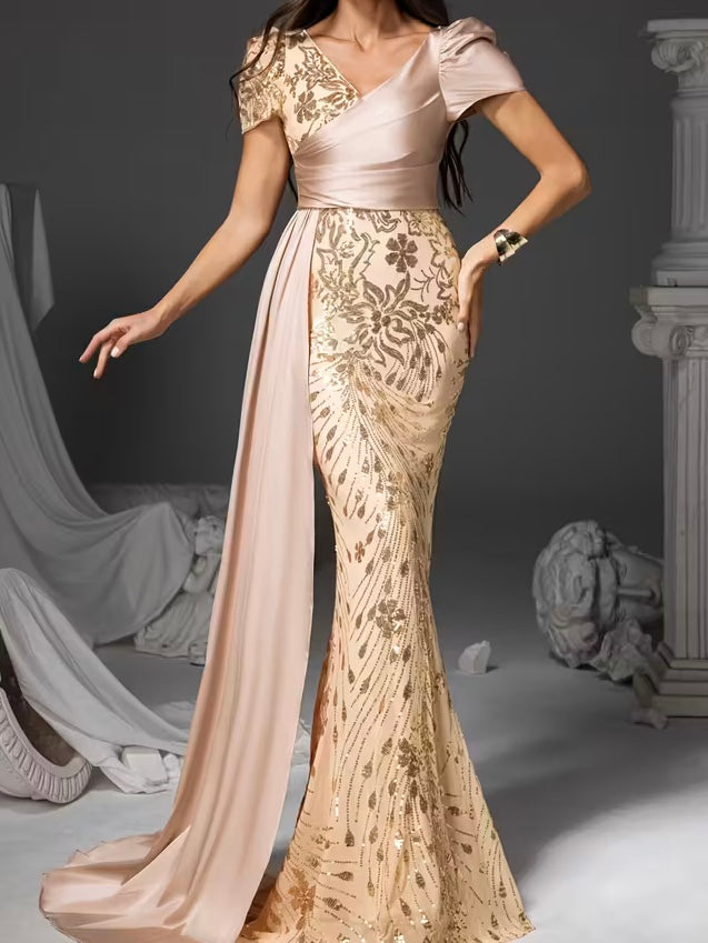 FZ Women's Floral Print Mermaid Sequin Detailing, V-Neck & Puff Sleeves Evening Dress