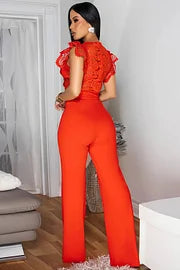 FZ Women's Hollow Out Pattern V Neck Tie Up Straight Leg Sleeveless Jumpsuit