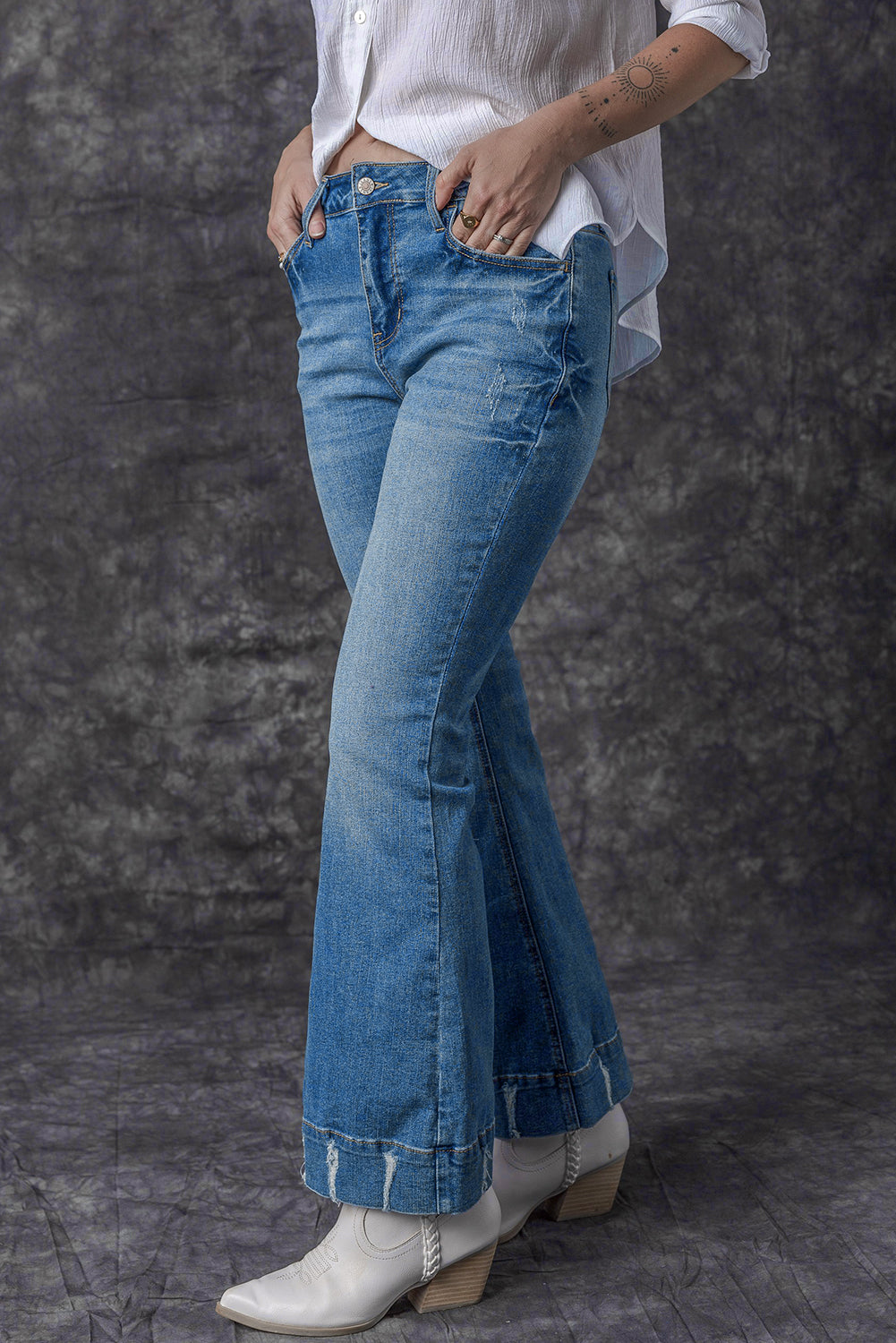 Sky Blue Slight Distressed Medium Wash Flare Jeans - FZwear