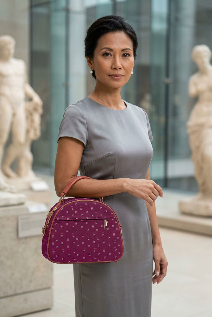 Berry mini handbag at a museum reception