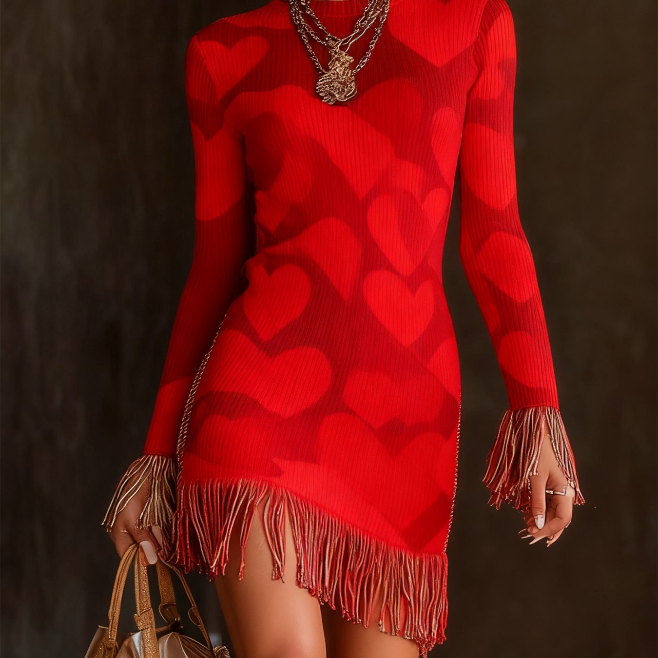 FZ Women Christmas Print Tassel Long Sleeve Mini Dress