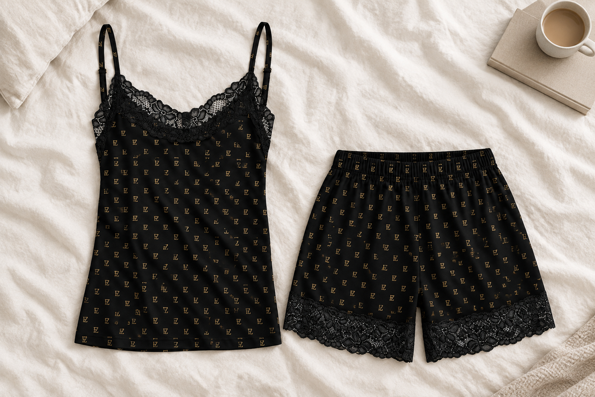 Black-and-gold pajama set bedroom flat lay