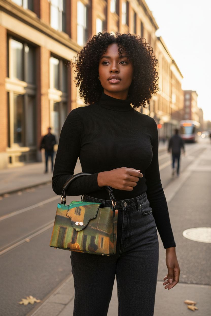 Black female model earthy crossbody handbag