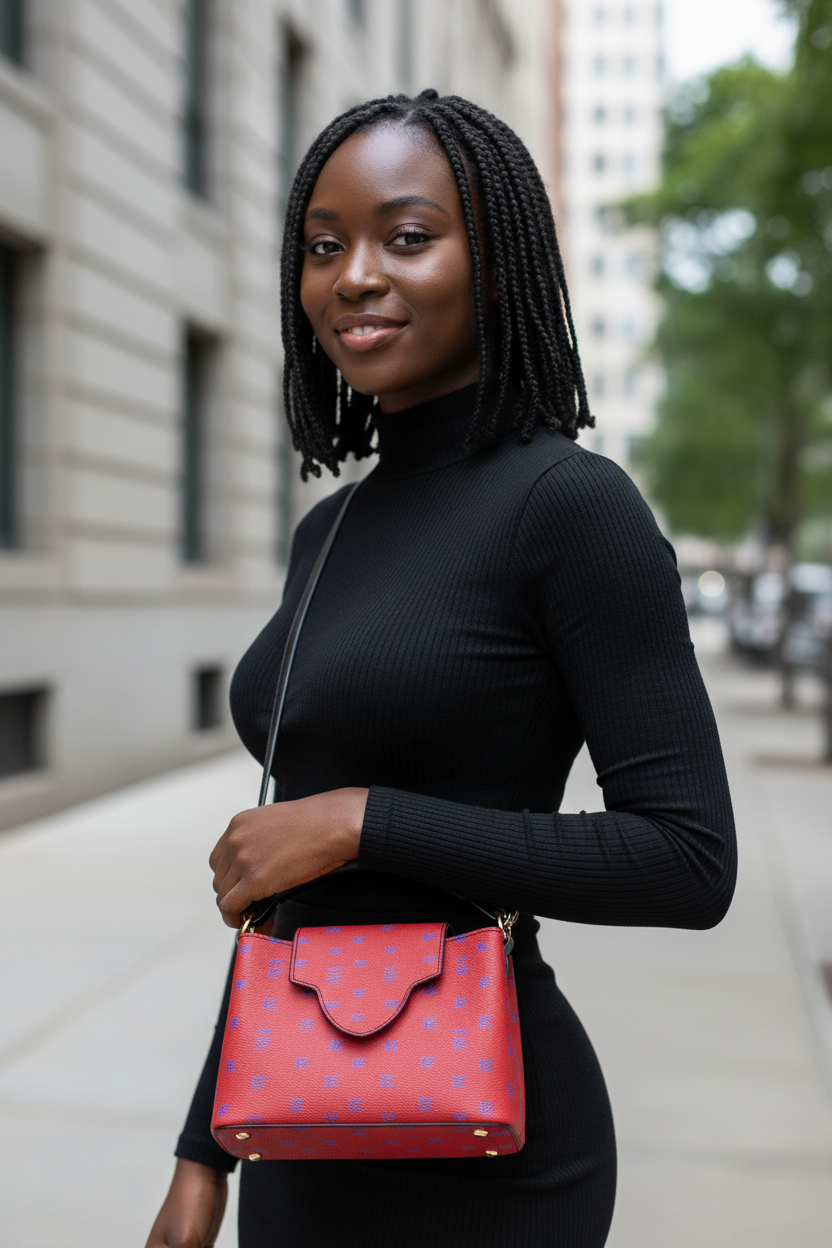 Black female model red FZ monogram crossbody