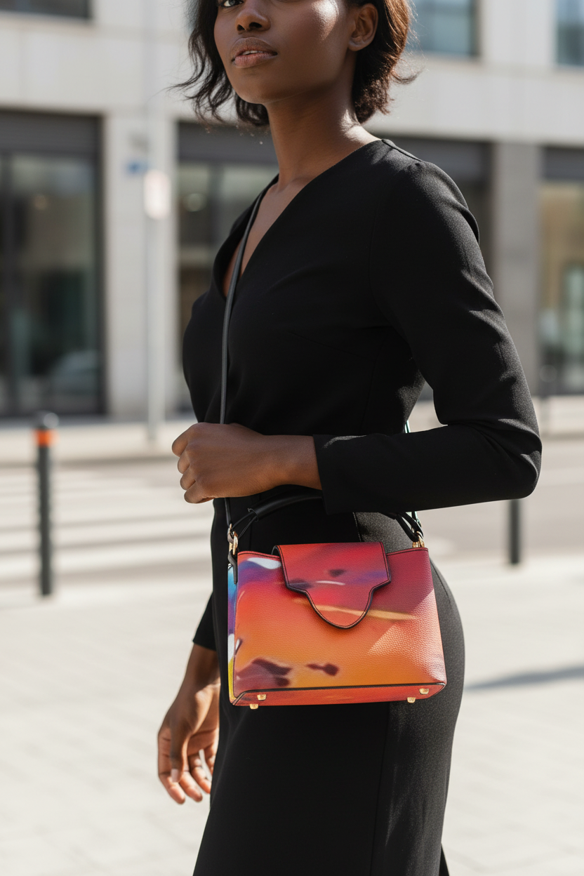 Black female model sunset crossbody handbag