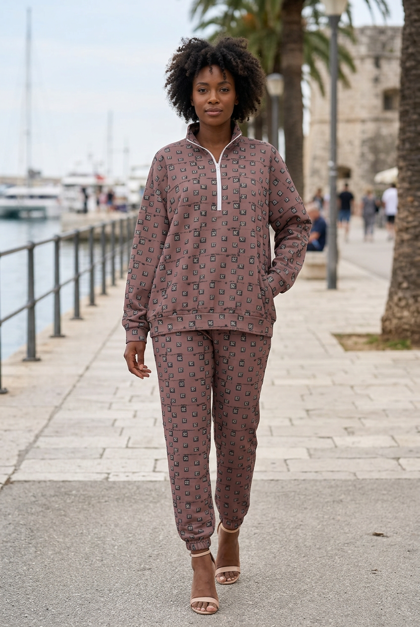 Black female model walking along a waterfront in nude heels