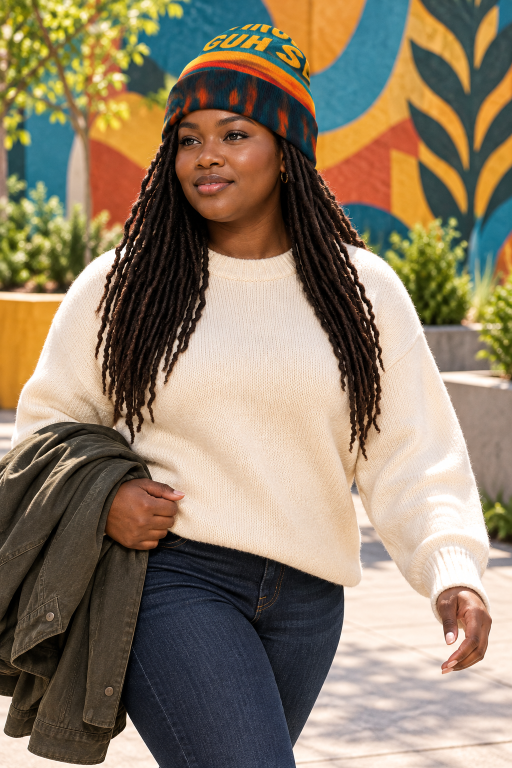 Black female model walking through a mural courtyard wearing the beanie