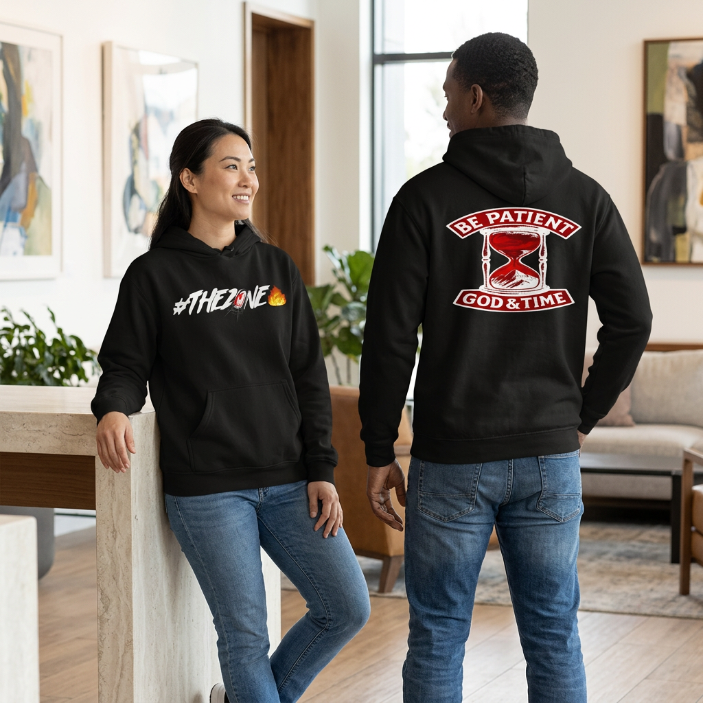 Black hoodie lifestyle image with woman showing the front and man showing the back in a gallery lounge